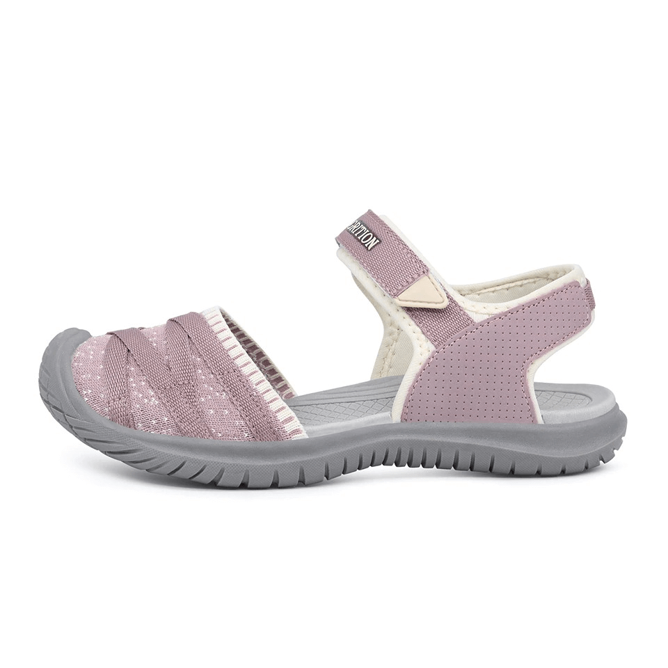 Pink closed toe women's sandals with flat heels and EVA insole, perfect for casual walking and trekking, featuring stretch fabric and hook & loop closure.